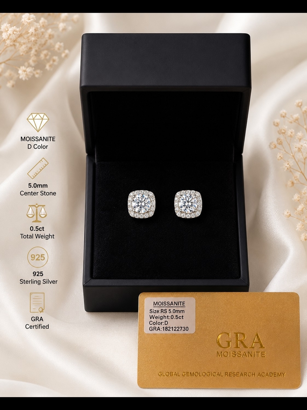 925 Sterling Silver Moissanite Halo Stud Earrings 0.5 CT D Color GRA Certified